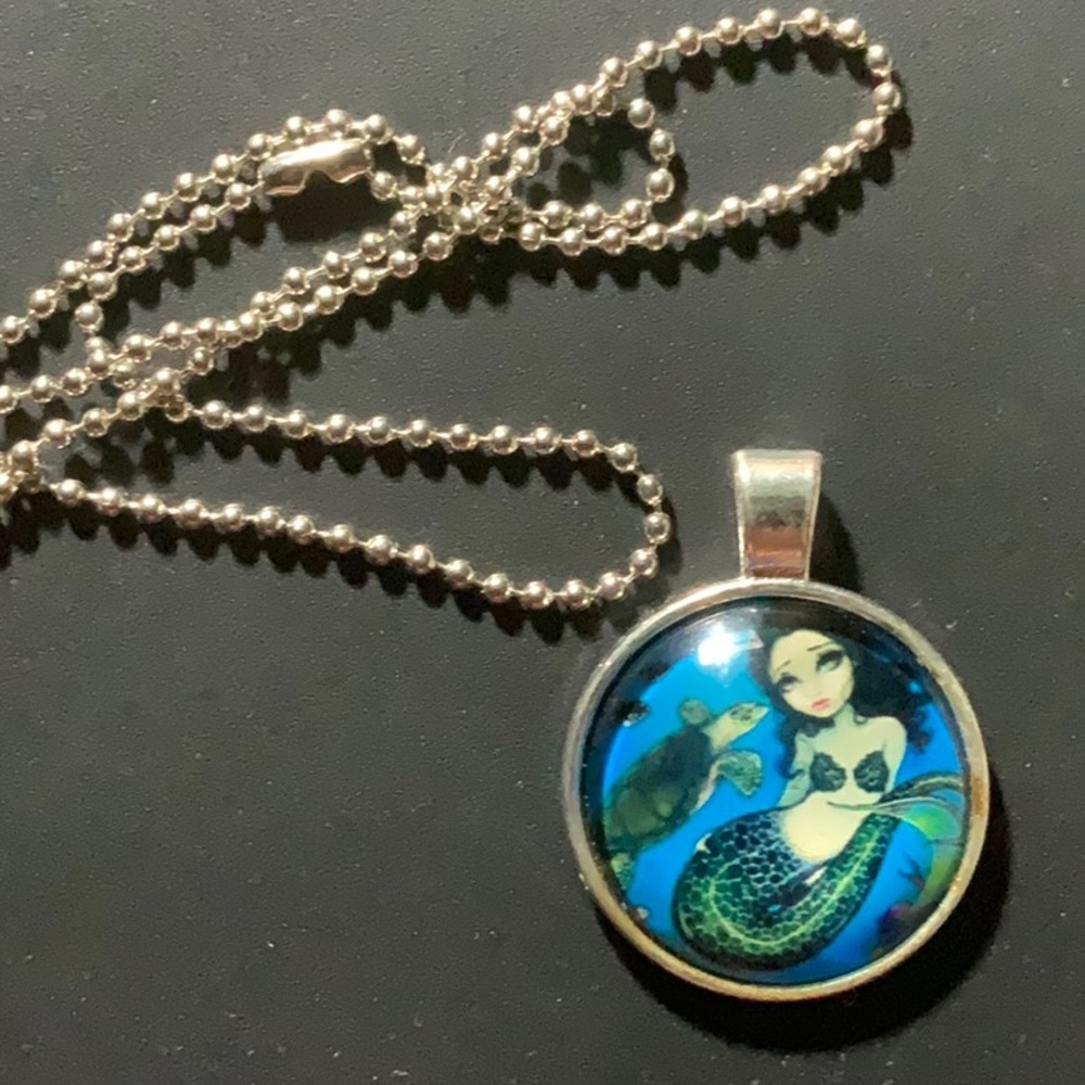 Silver Cabochon Necklace - Mermaid with Sea Turtle